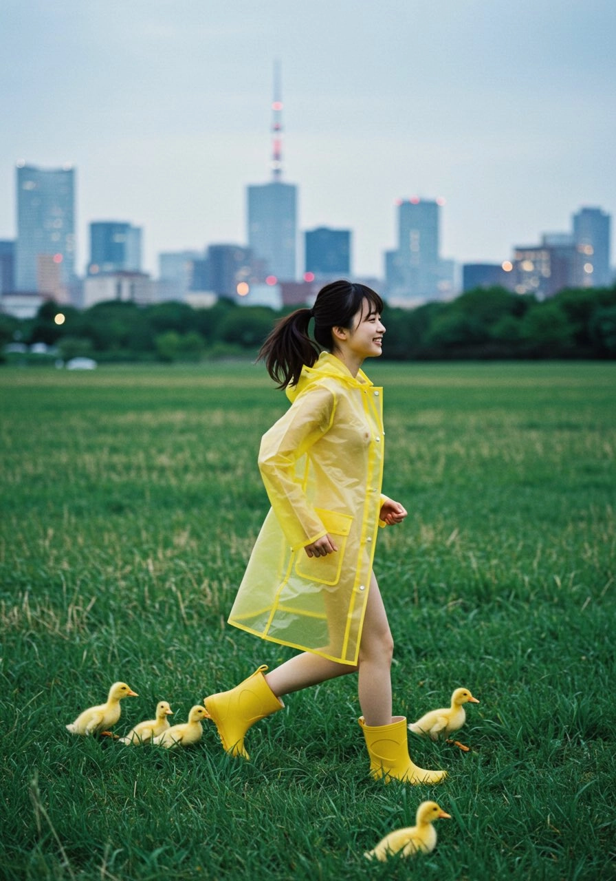 穿着黄色雨衣的女人穿过一个田野,鸭子跟着她。