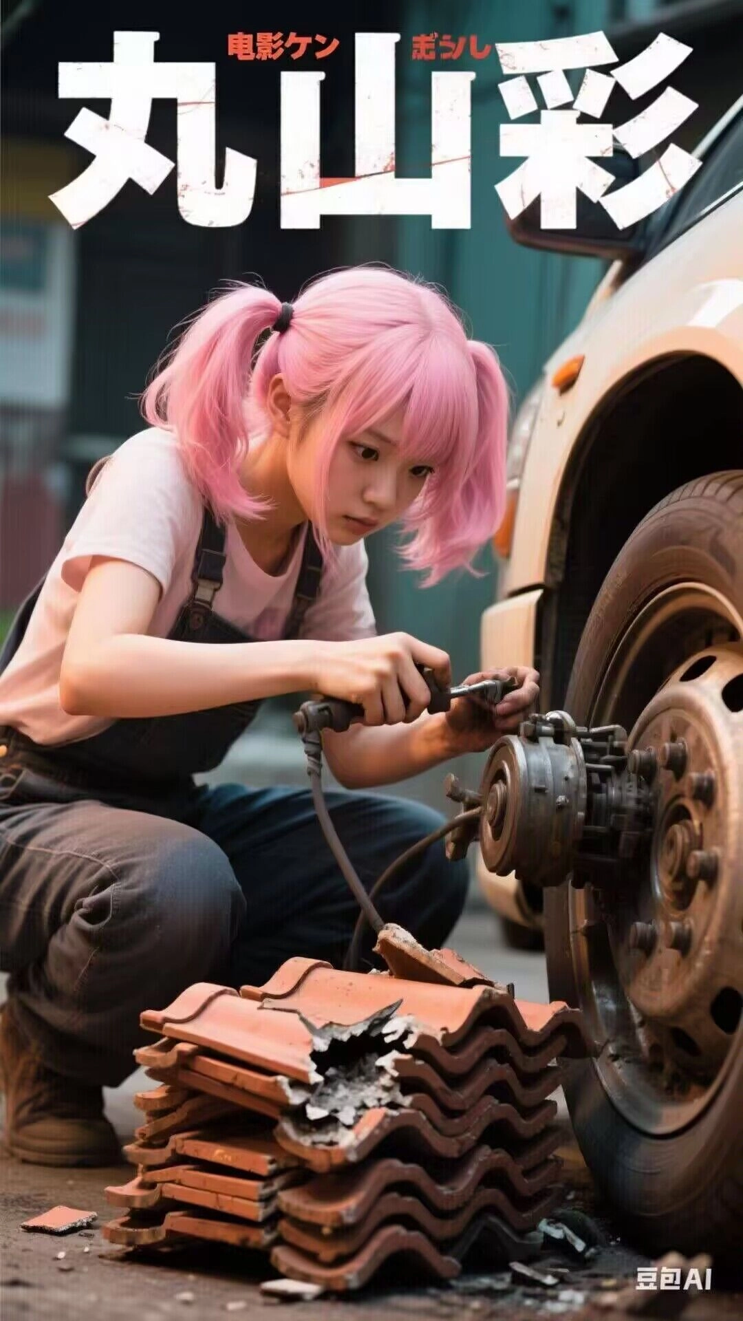 女孩修理一辆车轮胎。