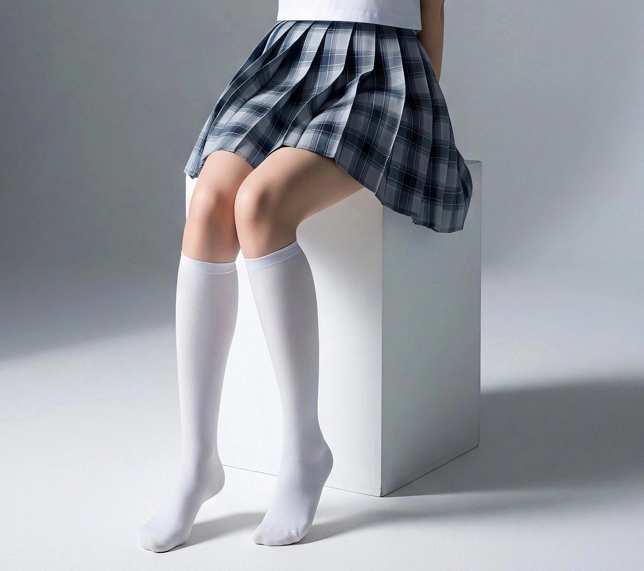 穿着白色袜子和白色裙子的女人站在椅子前面。