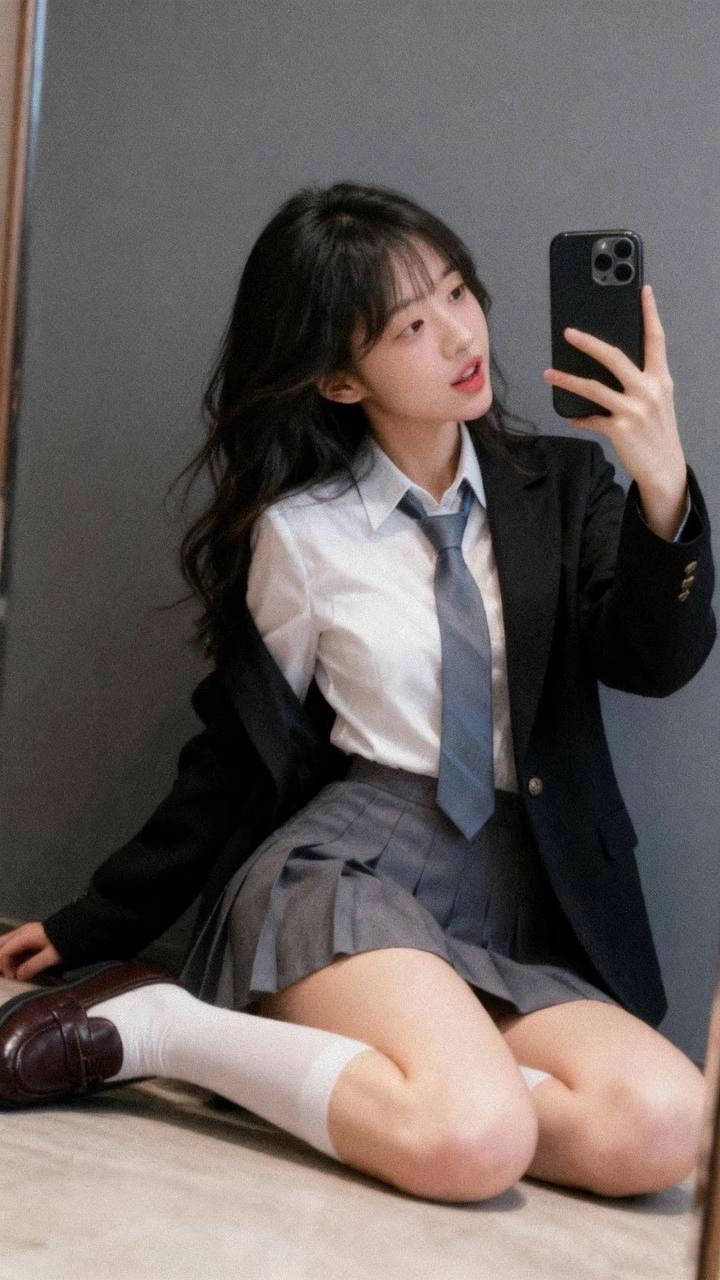 穿着裙子和领带的女人拍了一张自拍。